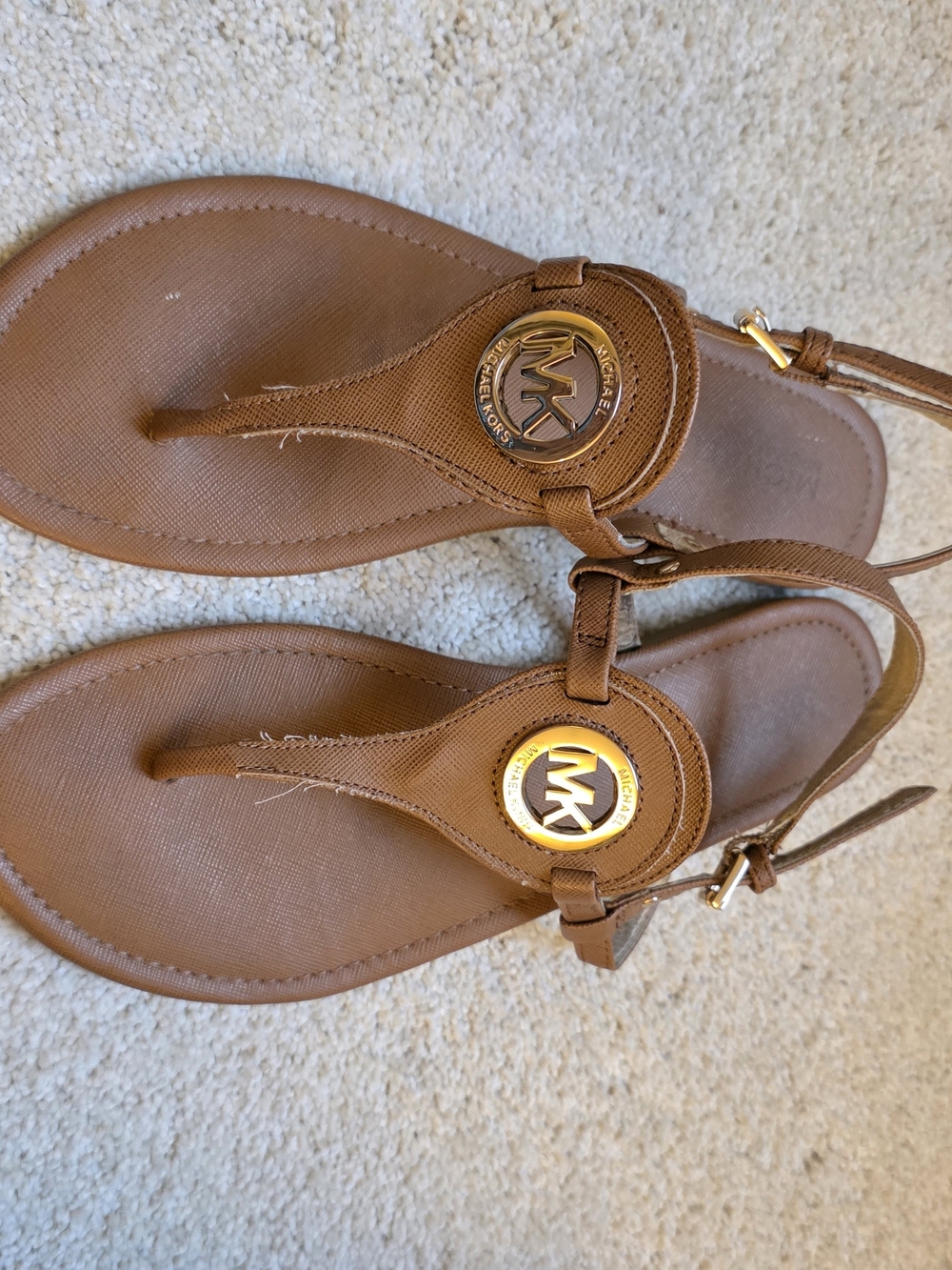 Michael Kors Tan Brown Leather Sandal with Gold Logo Medallion